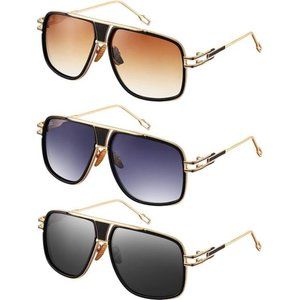 3 Pairs Gold Frame Retro Sunglasses Oversized Square Sunglasses Metal Frame